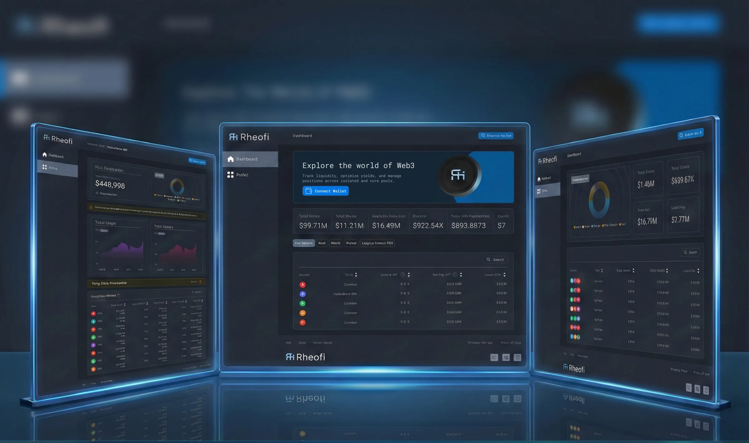 RheoFi Marketplace Dashboard Preview showing asset yields and metrics