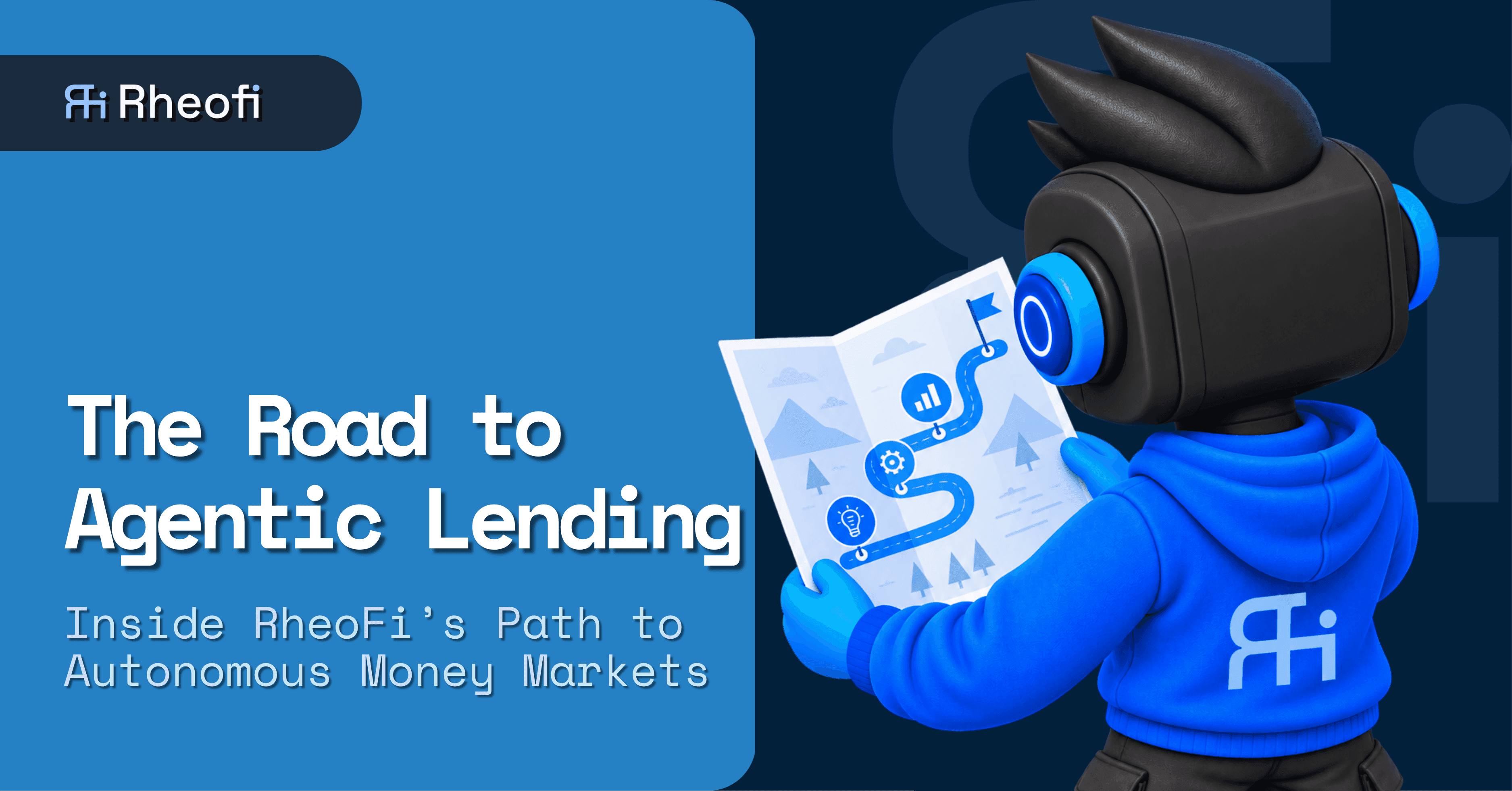RheoFi mascot holding a roadmap illustrating the path from money-market lending to an agentic lending layer on XRPL EVM