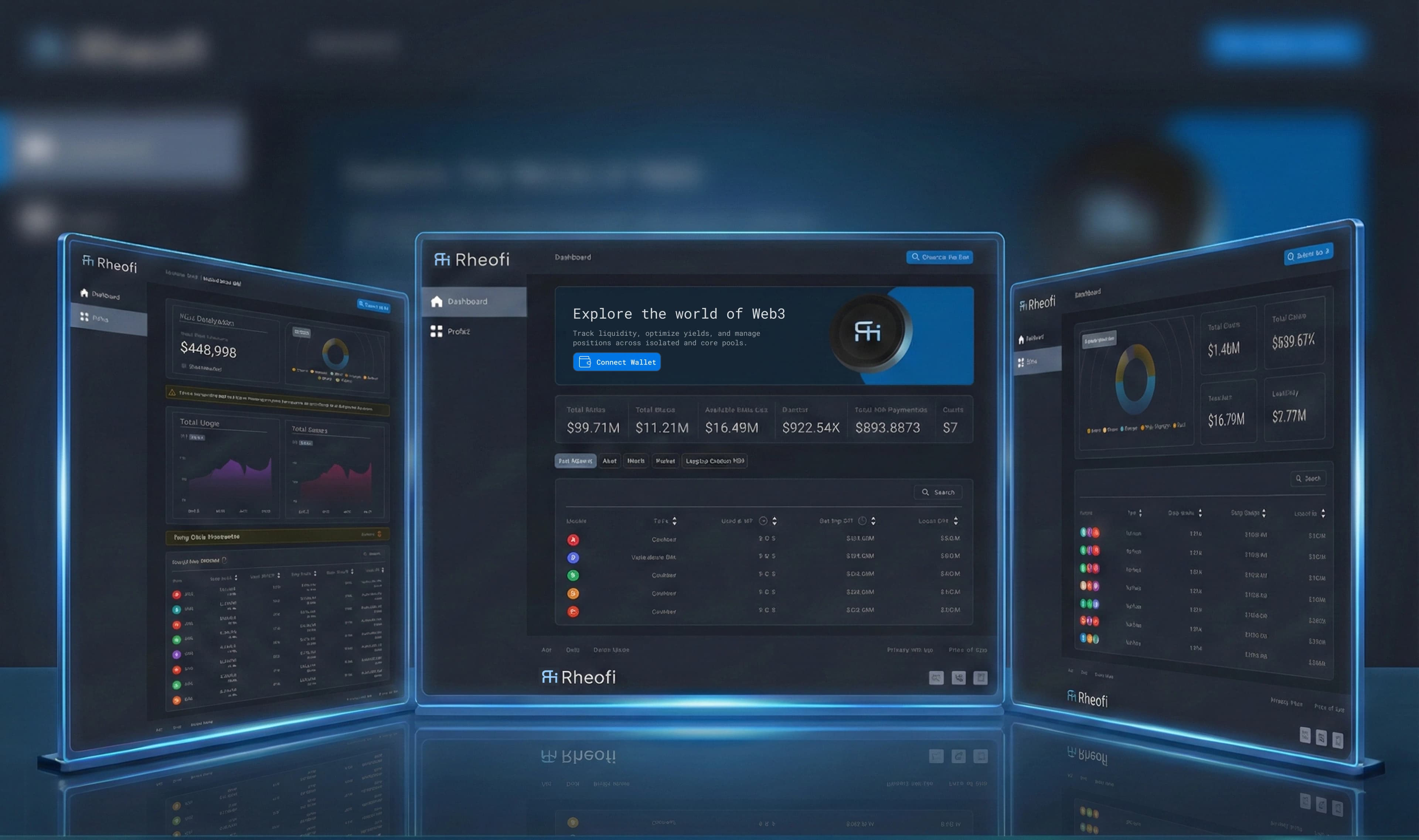 RheoFI Marketplace Dashboard Preview showing asset yields and metrics