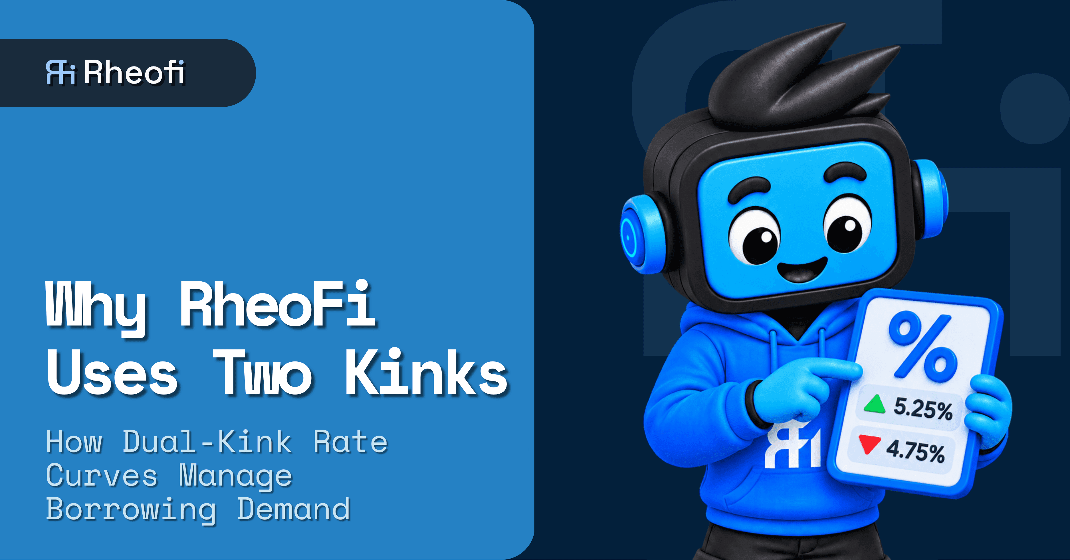 RheoFi cover illustration for the two-kinks interest rate model guide, showing the RheoFi mascot holding a panel with rising and falling borrow rate percentages